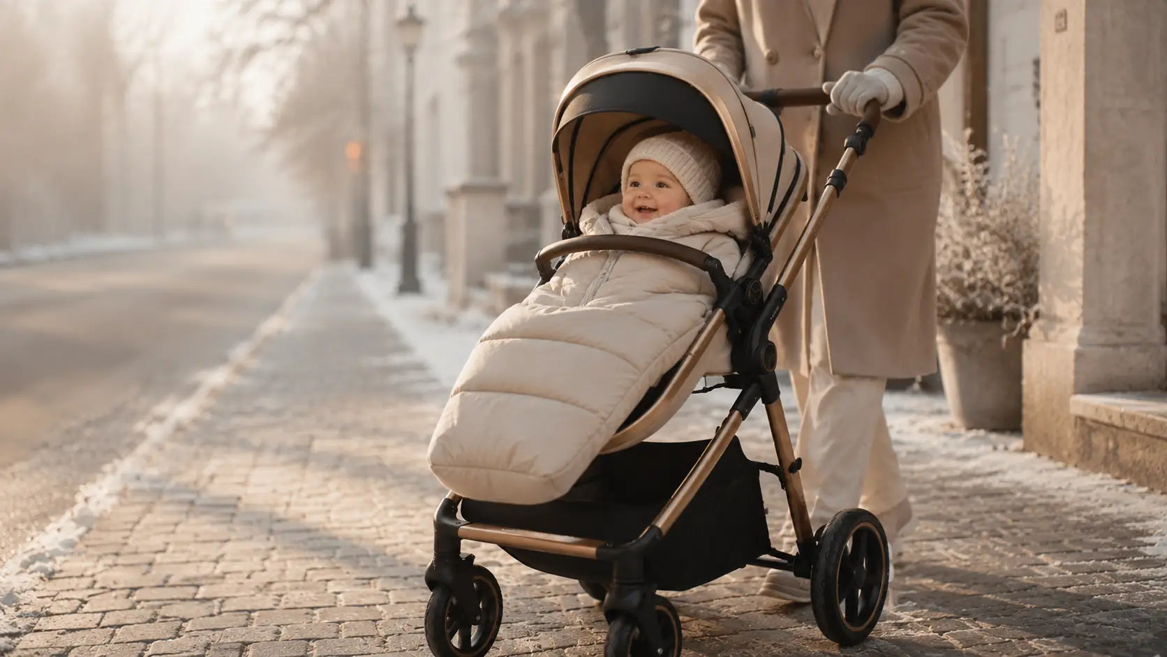 Bébé dans une chancelière poussette par temps froid Image