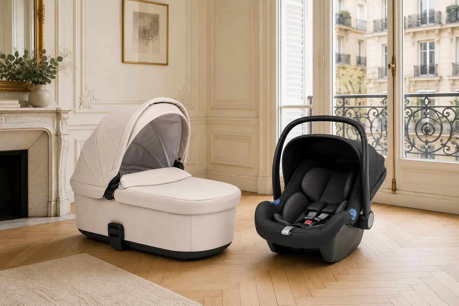 Nacelle et cosy de poussette côte à côte, deux modules pour nouveau-né Image