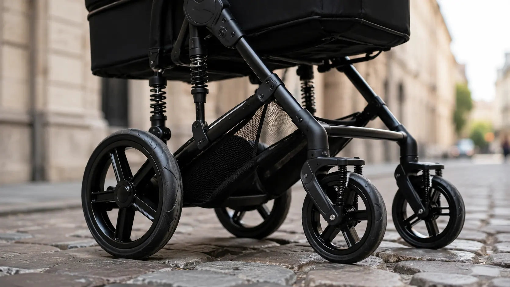 Roues de poussette avec suspension sur des pavés en ville
